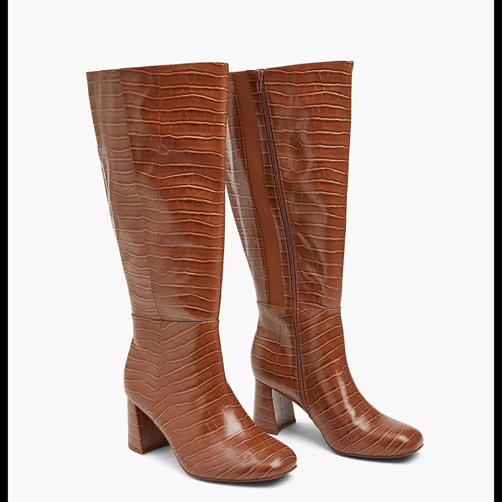 Lane Bryant Cognac Croc-Embossed Knee Boots with Block Heel